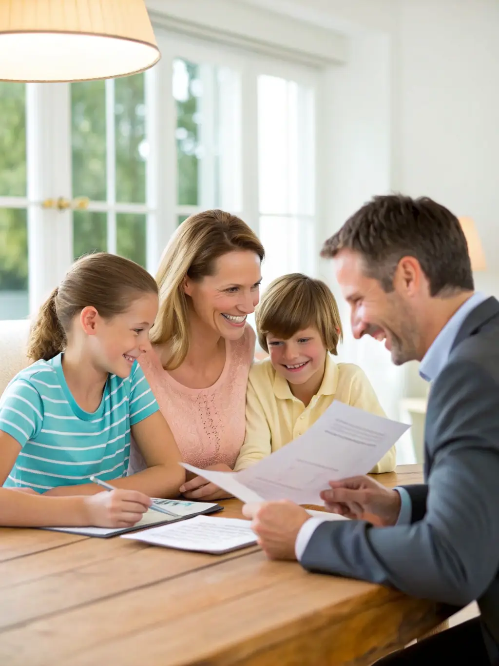 An image of a family happily gathered around a table, reviewing financial documents with a financial advisor, representing secure wealth management.