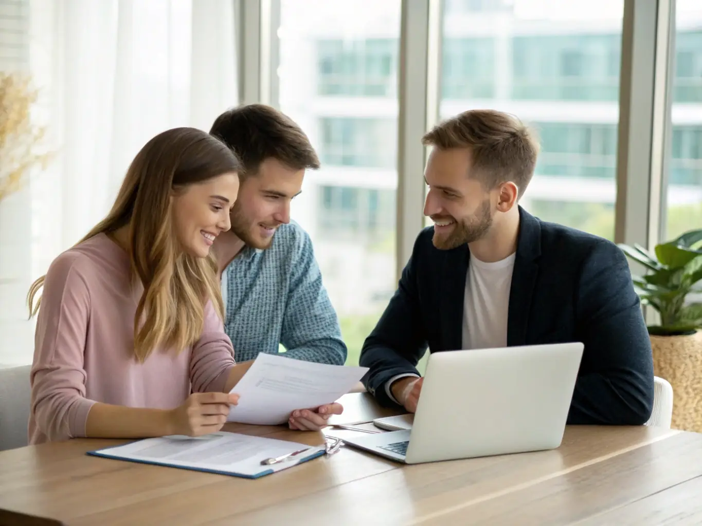 A couple reviewing financial documents and planning their future with a consultant in a modern office, illustrating detailed financial planning services.
