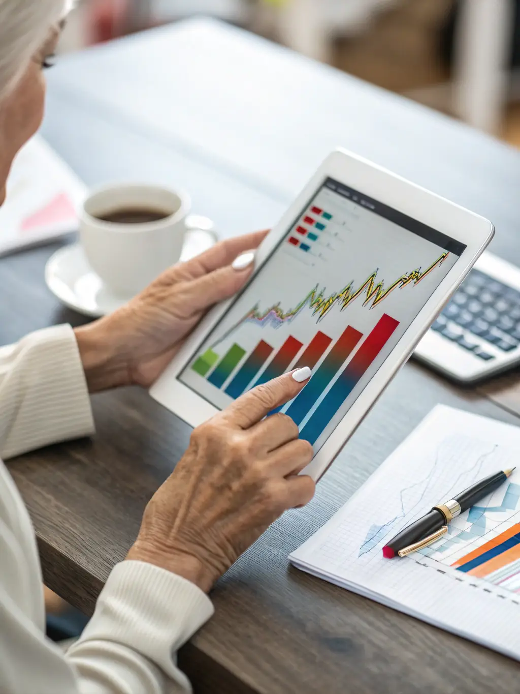 A close-up shot of a financial advisor's hands pointing at a growth chart on a digital tablet, symbolizing investment growth in the Mexican market.