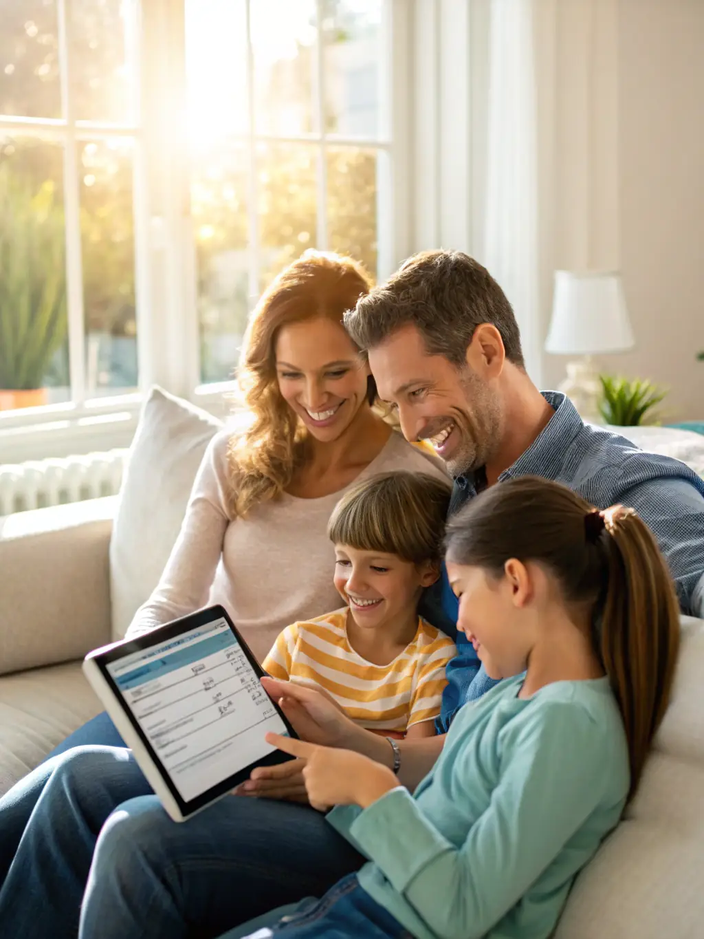 A modern Mexican family using a digital tablet to review their financial plan with a consultant, showcasing the ease of financial planning.