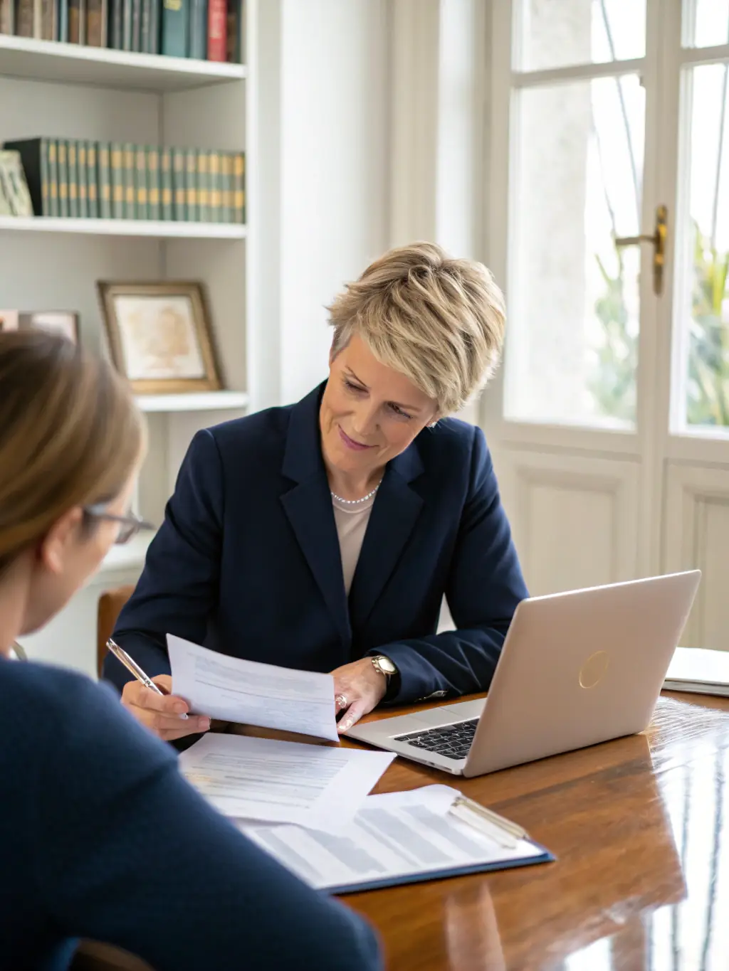 A professional advisor in a suit reviewing investment portfolios with a client in a modern office setting, emphasizing personalized financial advice.
