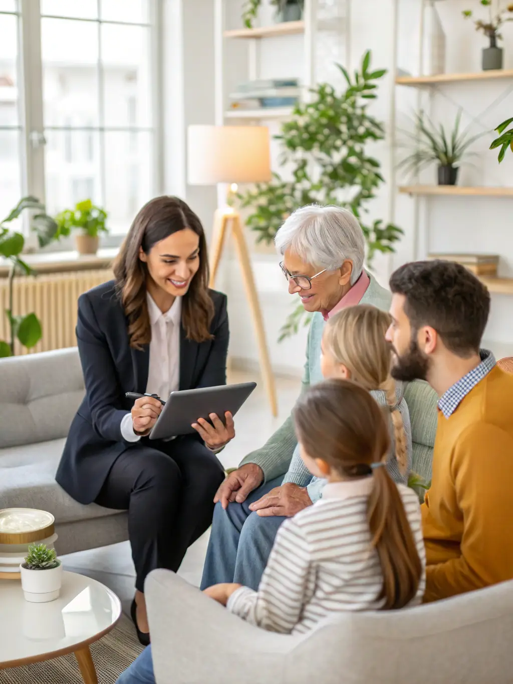 A family happily planning their future finances with a consultant, highlighting the importance of long-term wealth management.